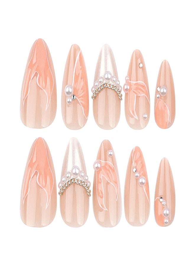 BSBTBZ 24Pcs Almond Press on Nails Medium Length 3D Fake Nails with Cute Mermaid Pearl Designs Charms Handmade Nail French Tip False Nails Press ons Summer Theme Stick on Nails for Women Manicure Decor - Image 5